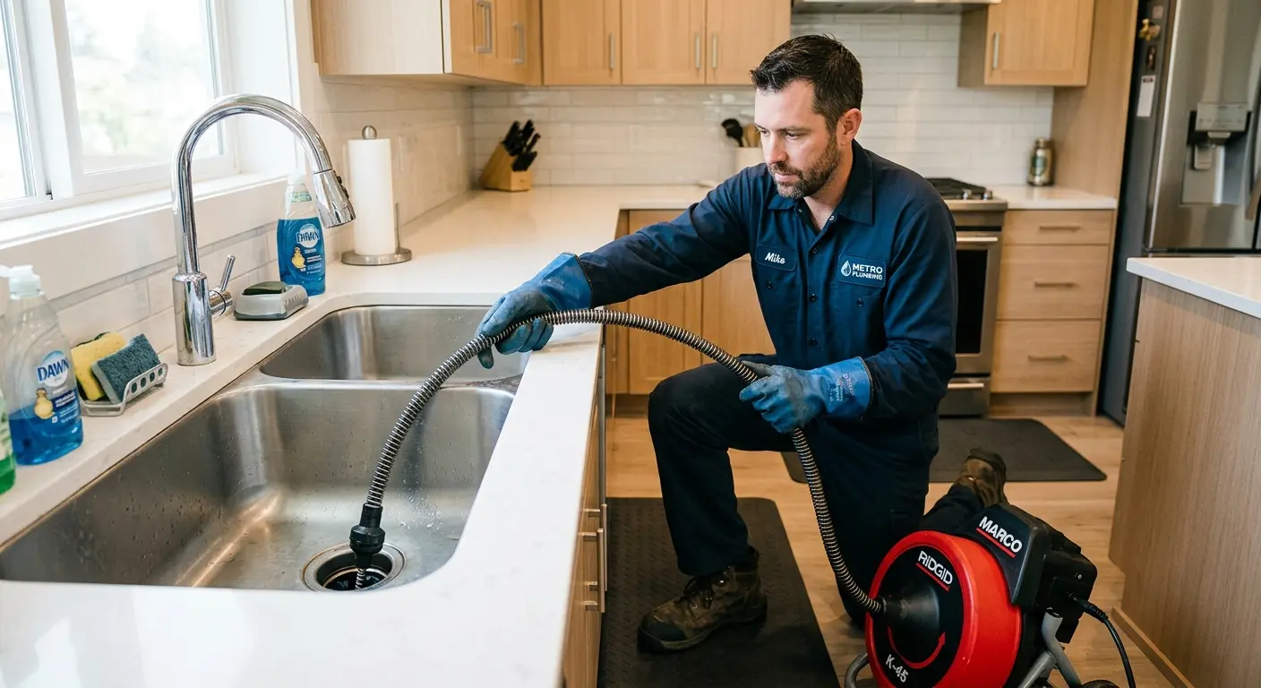 Drain cleaning technician using a motorized snake on a kitchen sink in Clinton